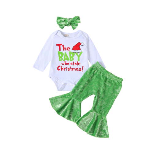 The Baby Who Stole Christmas Outfit Infant Baby Boy Girl Christmas Cosplay Outfit Romper Green Flared Pants 3Pcs Fall Clothes Set