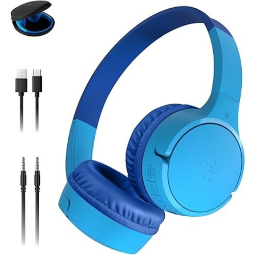 Belkin SoundForm Mini - Wireless Bluetooth Kids Headphones, 30H Battery, 85dB Safe Volume Limit, Built-in Microphone - Toddler On-Ear Earphones for iPhone, iPad - Ideal for School - Blue w/Case