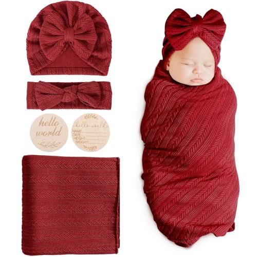 DRESHOW BQUBO Baby Swaddle Blankets for Girls, 4PCS Newborn Accessories Set with Matching Hat and Bow Headband with Hello World Wooden Birth Announcement Card