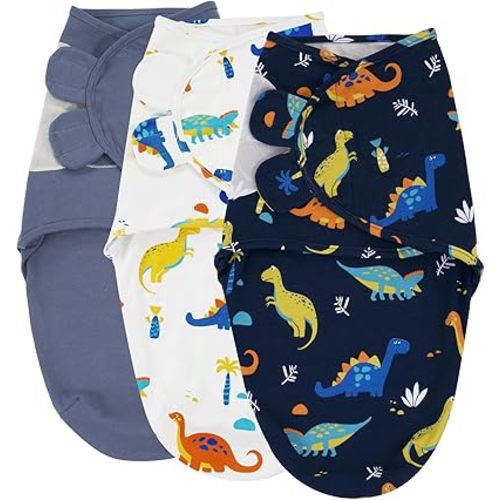 david's kids 100% Cotton 3 Pack Baby Swaddle Wrap for 0-3 Months, Soft Breathable Swaddle Blanket for Newborn Infant, Adjustable Baby Wrap Sleep Sacks for Boys Girls, Newborn Essentials, Dinosaur