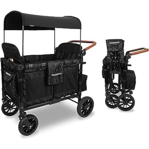 WONDERFOLD W4 Luxe Quad Stroller Wagon (4 Seater) - Collapsible Wagon Stroller with Seats with Magnetic Buckle 5-Point Harnesses and Adjustable Sun Canopy, Elite Black Camo