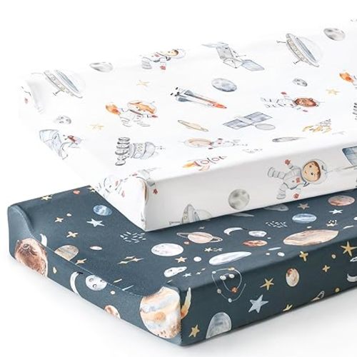 Stretch Ultra Soft Jersey Knit Changing Pad Cover Set 2 Pack, Change Table Pad Covers Fit 32"/34" x 16" Pads Safe and Snug, Space Print for Boys and Girls