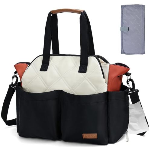 Lekebaby Diaper Bag Tote, Large Diaper Bags Waterproof,Large Mommy Bag for Hospital, Baby Bags for Mom Travel Diaper Tote Messenger Purse, Black & Beige