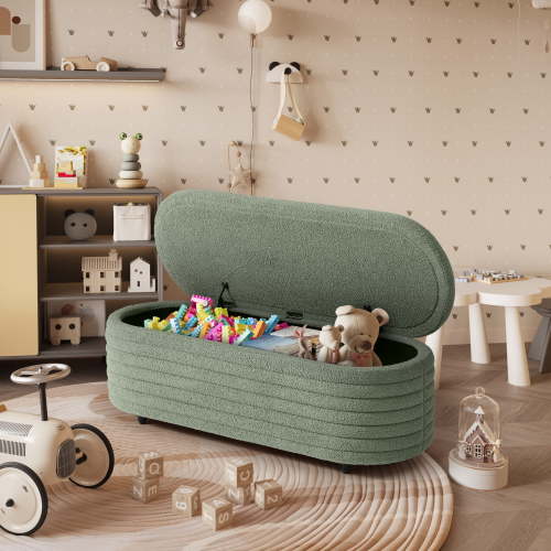 WestinTrends 54" Wide Mid-Century Modern Upholstered Teddy Sherpa Tufted Oval Storage Ottoman Bench, Ice Green