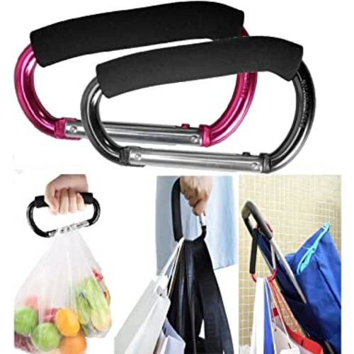 Large Stroller Hooks for Mommy, 2 pcs Carabiner Stroller Hook Organizer for Hanging Purses, Diaper Bag, Shopping Bags. Clip Fits Single/Twin Travel Systems, Car Seats (Black+Rose)