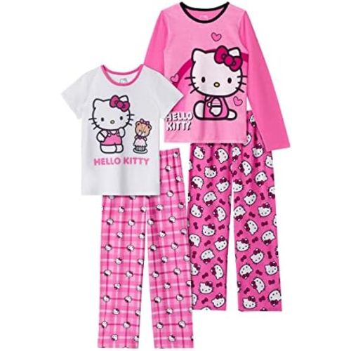 Hello Kitty Girls Pajama Pants and Sleep Shirt Sets 4 Piece PJ Top and Bottom Sleepwear Set for Girls Pajamas for Kids