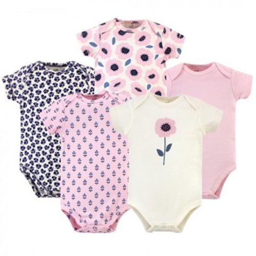 Touched by Nature Baby Girl Organic Cotton Bodysuits 5pk, Blossoms, 12-18 Months