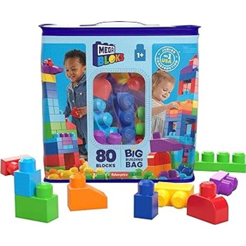 MEGA BLOKS Fisher-Price Toddler Block Toys, Big Building Bag with 80 Pieces and Storage Bag, Blue, Gift Ideas for Kids Age 1+ Years