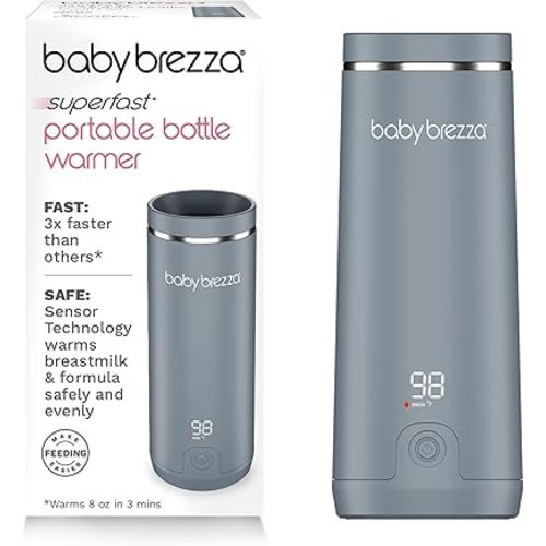 Baby Brezza Portable Warmer – 3X Faster Baby Bottle Warming - Travel Breastmilk and Formula Warmer - Safe, Even Heating - Up to 9oz - No Adapters, Grey