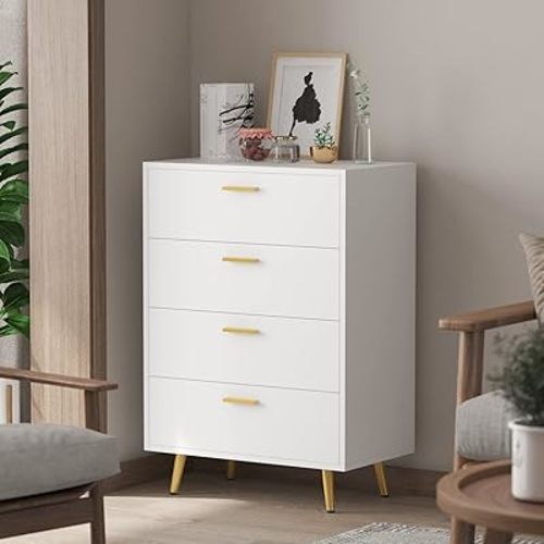 Homsee Modern Dresser Storage Chest with 4 Drawers, Wood Dresser Chest with Gold Metal Legs and Handles for Bedroom, Living Room & Hallway, White (27.4”L x 15.6”W x 37.5”H)