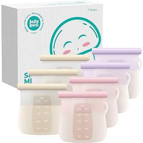 JellyRuru 7 PCS Reusable Breast Milk Storage Bags, 8.5oz 250ml Standard Silicone Breastmilk Freezer Storage Container, Leak-Proof & Self-Standing Milk Bags, Baby Food Bags