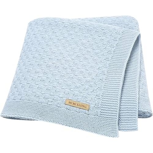 LAWKUL Cable Knit Baby Blanket 100% Cotton Blue Receiving Infant Swaddle Nursery Blankets Crochet Neutral Newborn Boy Girls