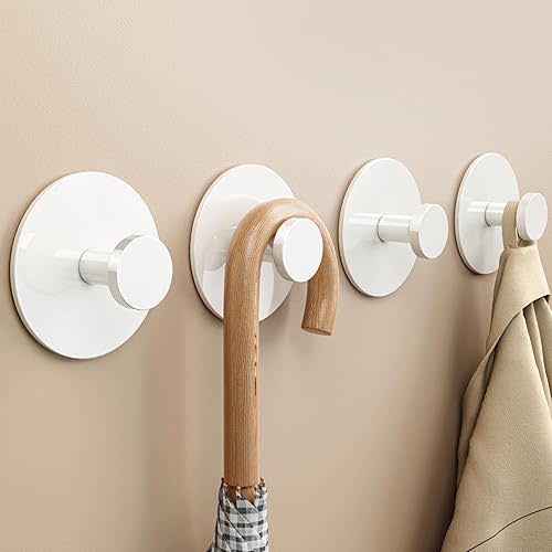 Wall Adhesive Hooks for Towel/Shower - No Damage Stick on Hanging Hook Heavy Duty for Bathroom, Door, Coat, White 4 Pack