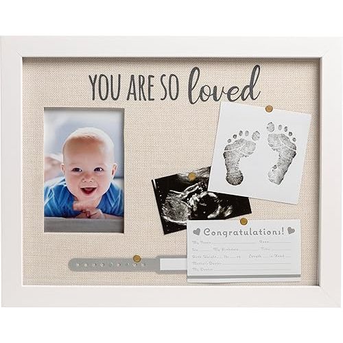 Kate & Milo You Are So Loved Shadowbox Frame, Newborn Keepsake Box, Baby Memento Frame, Baby Girl or Baby Boy Nursery Décor, Handprint and Footprint Ink Pad Included, Linen Mat, White
