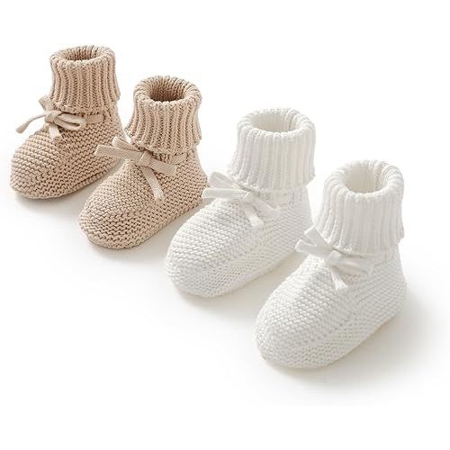 2 Pairs Baby Booties 100% Cotton Knitted Newborn First Cozy Warm Crib Shoes for Toddler Infant Boy Girl Babys Shower Gift