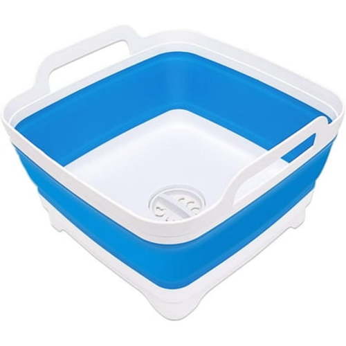 2.4 Gal(9L) Collapsible Dish Basin with Drain Plug, Space Saving Outdoor Multiuse Foldable Sink Tub, Dishpan, Kitchen Storage Tray for Camping, Vegetable Washing, RV (Sky Blue)