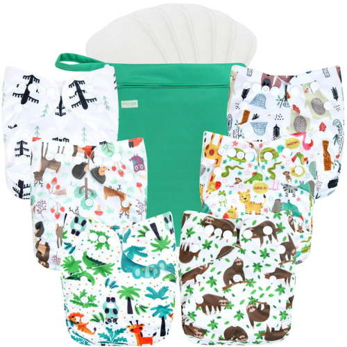 Wegreeco Washable Reusable Baby Cloth Pocket Diapers 6 Pack + 6 Bamboo Inserts (with 1 Wet Bag, Forest, Animals)