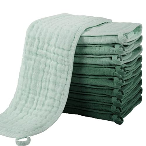 Yoofoss Muslin Burp Cloths for Baby 10 Pack 100% Cotton Baby Washcloths for Boys Girls Large 20''X10'' Super Soft and Absorbent Gradient Green