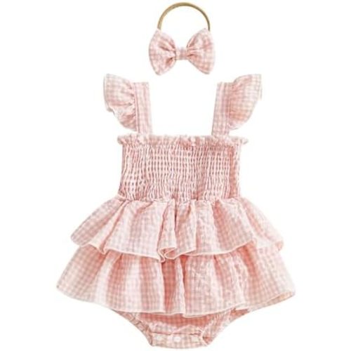 Douhoow Baby Girl Plaid Romper Flying Sleeve Ruffle Baby Dress Romper Infant Girl Summer Clothes with Headband