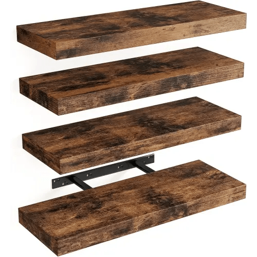 Fixwal 15.8in Floating Shelves, Rustic Wood Finish Wall Shelves Set of 4, Shelves for Wall Decor, with Invisible Brackets for Bathroom, Living Room,Bedroom and Kitchen(Rustic Brown)