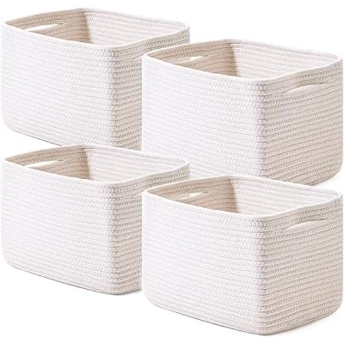 Storage Baskets for Organizing, Woven Basket for Storage, Storage Baskets Bin for Shelves, Cotton Rope Basket with Handles, 12.5"Lx9.1"Wx7.9"H, (4 Packs) Off White