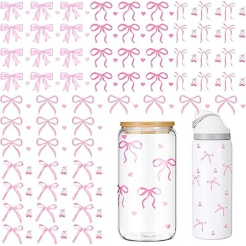 Frienda 5 Sheets Bow Stickers for Water Bottles，Hearts Coquette Sticker Sheet, Rub on Transfers for Waterbottle Crafts, Mini Bow Stickers for Tumbler Coquette Birthday Decorations(Pink)