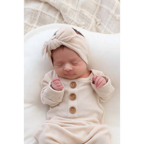 Oatmeal Bamboo Waffle Newborn Baby Knot Gown & Hat Set
