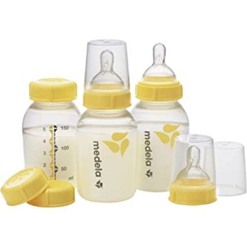 Medela Breast Milk Storage Bottles, 3 Pack of 5 Ounce Breastfeeding Bottles with Slow Flow Nipples, Lids, Wide Base Collars, and Travel Caps, Made Without BPA