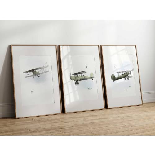 Vintage watercolor airplane wall art set / Choose your color / Retro airplane / Vintage airplane - Biplane / baby and children's room decor