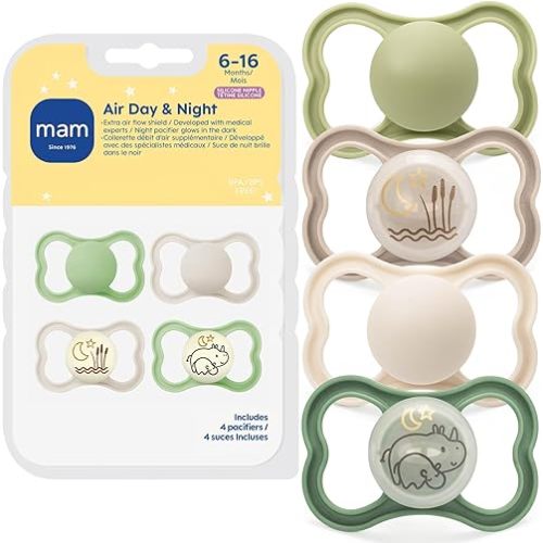 MAM Air Pacifier for Babies 6-16 Months, Extra Air Flow for Sensitive Skin, Glows in The Dark, Developed with Medical Experts, BPA-Free Skin Soft Silicone, 4 Count, Made in Europe