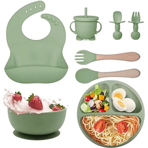 Silicone Baby Feeding Set, Fzyoayzm 8pcs Baby Led Weaning Supplies With Suction Bowl Divided Plate, Toddler Led Weaning Self Feeding Utensils Dish Set with Spoons Forks Sippy Cup Bib BPA-Free, Green