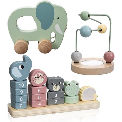 Wooden Montessori Toys Set - Aesthetic Baby Wooden Toys - 1 Year Old Montessori toys for Learning, Engaging and Developing for Toddlers Age 1-3 - Including Counting Toy, Pull Toy and Bead Maze
