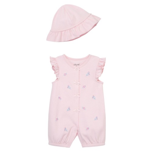 Rosebud Embroidered Cotton Romper & Hat Set