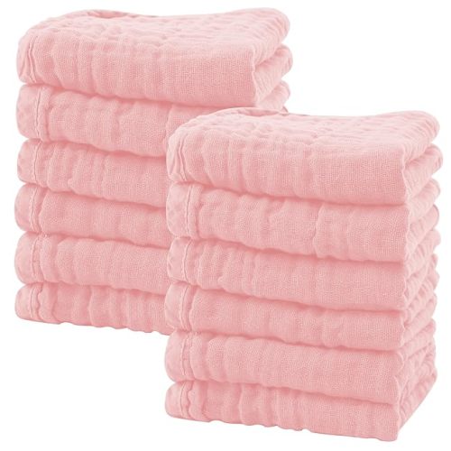 SWEET DOLPHIN 12 Pack Baby Muslin Washcloths - Soft Face Cloths for Newborn, Absorbent Bath Wash Cloths, Wipes, Burp Rag - Toddlers Essentials Stuff, Baby Registry as Shower -10"x10", Pink