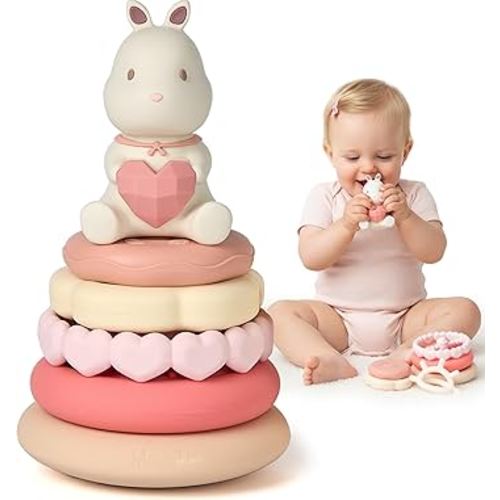 Moonkie Bunny Baby Stacking Toys | 7-Piece Silicone Rings for Teething Relief | Educational Toy for Infants & Toddlers 6 Months+ | Baby Shower or Birthday Gift for Girls