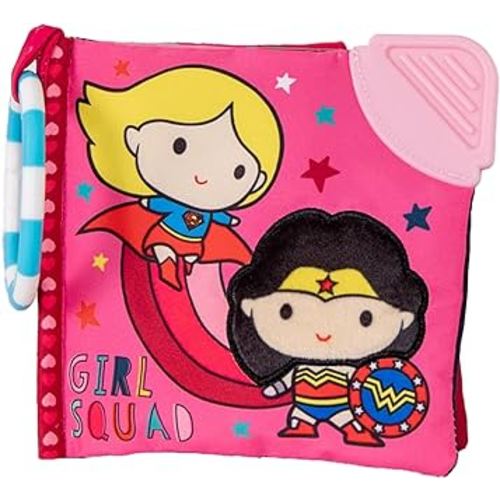 Warner Bros. DC Girl Squad 5 Inch Soft Book with On The Go Clip, Rattle, Crinkle Sound, Mirror, Slider, Teether, and Peek-A-Boo Flap for babies and Toddlers First Book