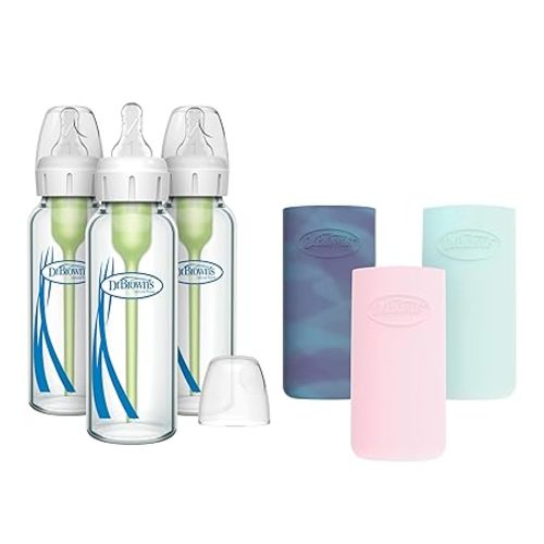 Dr. Brown's Natural Flow Anti-Colic Options+ Narrow Glass Baby Bottle, 8 oz/250 mL, with Silicone Bottle Sleeve, 3 Pack, Glow/Pink/Mint