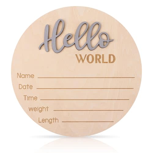 Baby Announcement Sign, 5.9 Inch Wooden Hello World Newborn Welcome Sign Birth Announcement Name Plate for Hospital Nursery (Gray)