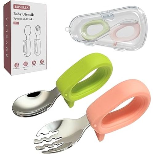 Toddler Utensils, Stainless Steel Baby Forks and Spoons Set with Silicone Handle, Kids Silverware with Portable Storage Case, Baby Feeding Essentials, Dishwasher Safe (Green+Pink)