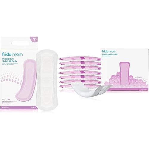 Frida Mom 2-in-1 Postpartum Cold Ice Pads (8ct) + Frida Mom Postpartum Pads, Leak Proof Feminine Care Maxi Pads (18ct)| Postpartum Essentials