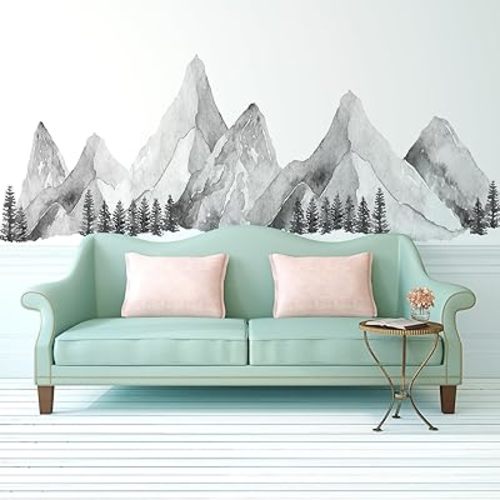 Large Mountain Wall Decals, Gray Pine Tree Peel and Stick Vinyl Wall Stickers & Murals, Removable Home Room Wall Decor for Bedroom Living Room Bedroom Classroom Office Nursery