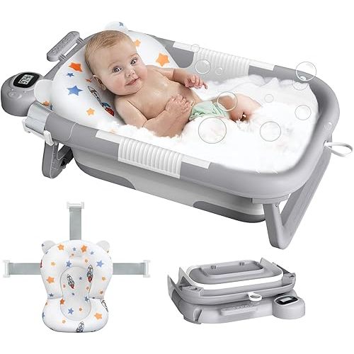 Collapsible Baby Bath Tub for Newborn to Toddler with Floating Cushion for Bath Support, Portable Baby Bath Tub with Real-Time Temperature Monitor, Baby Bath Essentials, Gray