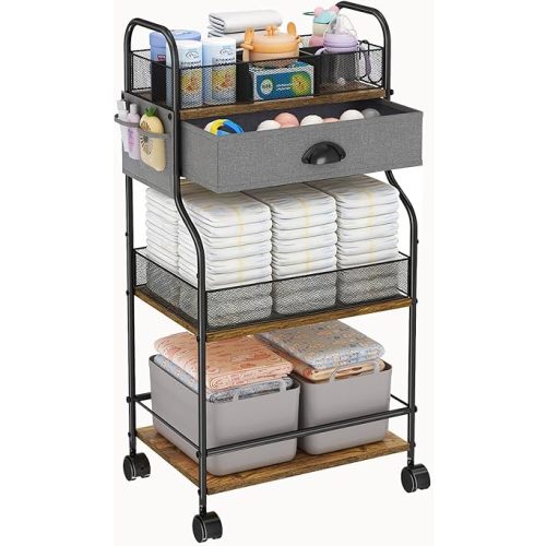 3-Tier Baby Diaper Caddy Cart Organizer with Drawer,Rolling Utility Cart & Bedside Nursery Essentials Cart for Newborn Baby Stuff, 2+1 Dividers, Baby Storage Organizer for Bedroom,Changing Table,Grib