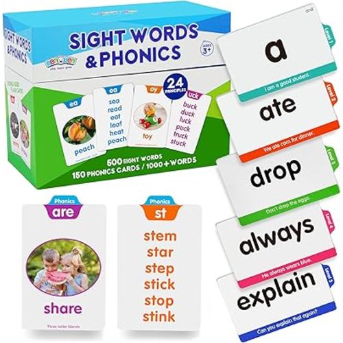 BenBen 650 Sight Words & Phonics Flash Cards, Learn to Read CVC, Blends, Long Vowel Sounds, Dolch & Fry High Frequency Site Words for Pre-k Kindergarten 1st 2nd 3rd Grade Kids Ages 3-9
