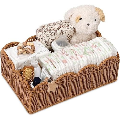 Wicker Diaper Caddy Organizer, Nursery Storage Basket for Diapers and Baby Wipes, Baby Essentials Organizer for Changing Table, Splinter Free Rattan Style (Tea Brown, L)
