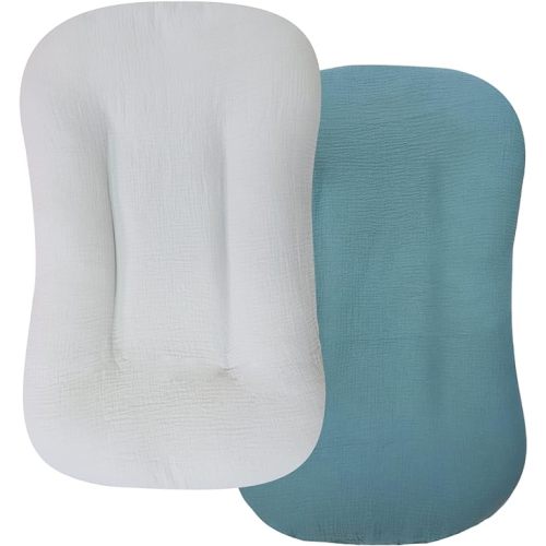 Hooyax Muslin Baby Lounger Cover 2 Pack, Organic Cotton Removable Slipcover for Newborn,Baby Padded Lounger Infant Floor Seat Cover for Boys Girls (Blue Gray) - Blue&gray