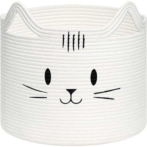 INDRESSME Toy Storage Basket, Cute Rope Basket for Cats Dogs Pets, Gift Baskets Empty for Catlovers Baby Shower, Blanket Baskets Living Room, Cat Room Decor, 13.8"D x 11.8"H, White