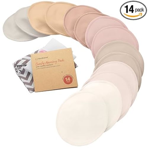 Organic Nursing Pads - 14 Washable Breast Pads for Breastfeeding, Wash Bag, Viscose Derived from Bamboo Reusable Nipple Covers for Breastfeeding Essentials, Soft & Absorbent (Neutrals, L 5")