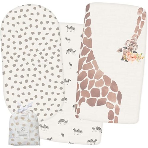 POPPI & MAX: 100% Organic Bassinet Sheets – Premium Jersey Cotton Bassinet Sheet Set for Baby Boy/Girl | Fitted Baby Sheets for Standard Bassinet Pads | Bassinet Cover | Safari Giraffe - Neutrals - for Standard Bassinets 16 x 32", 3 Pack