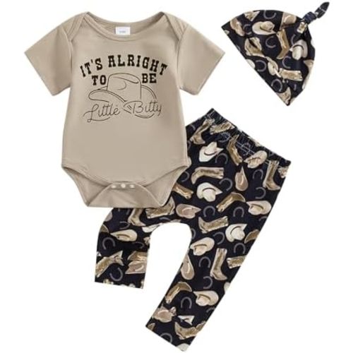 Baby Boy Western Clothes Cowboy Letter Short Sleeve Romper Cowboy Boots Hat Pattern Pant Newborn 3Pcs Country Outfit